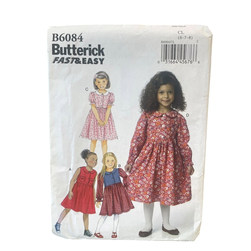 Butterick B6084 Sewing Pattern Girls Size 6-7-8 White Pullover Dress Uncut